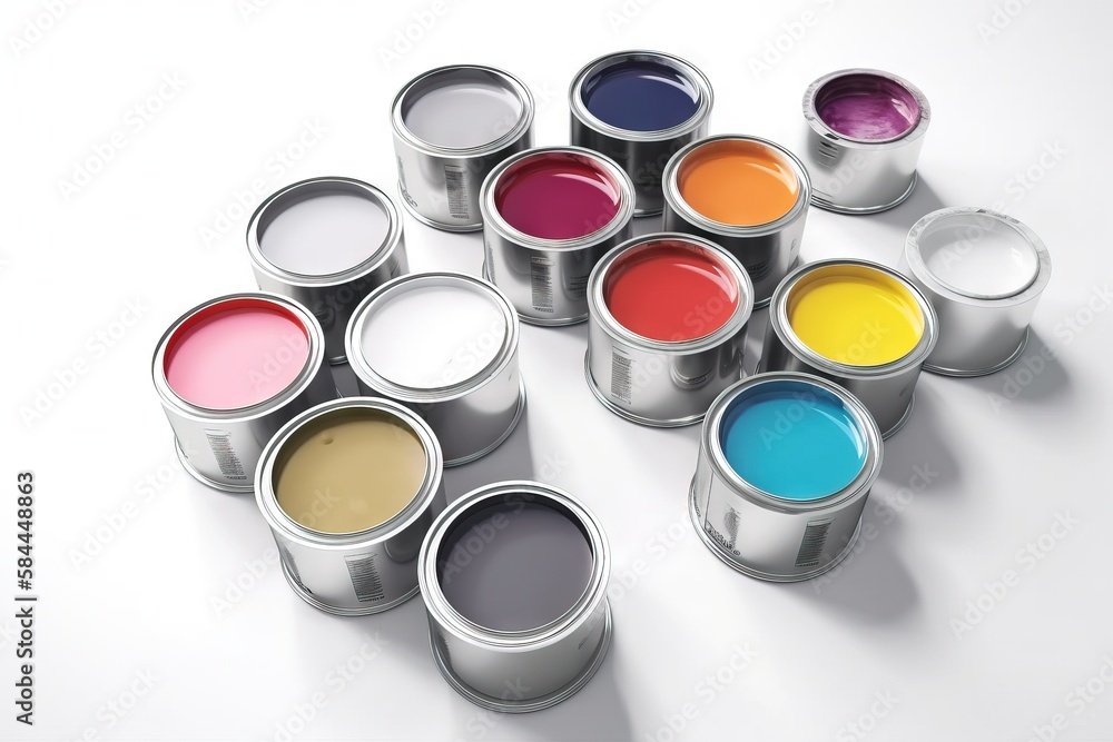  a group of paint cans with different colors of paint in them on a white surface with a shadow of a 