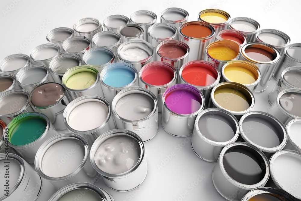  a group of paint cans with different colors of paint in them on a white surface with a white backgr