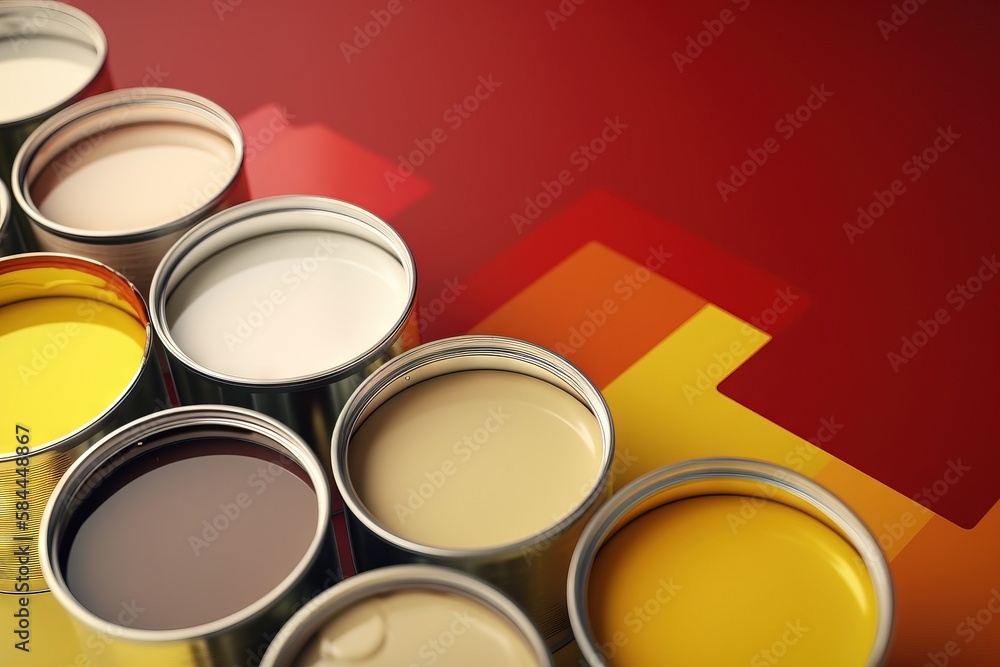  a group of paint cans stacked on top of each other with the colors of the paint in the same color a