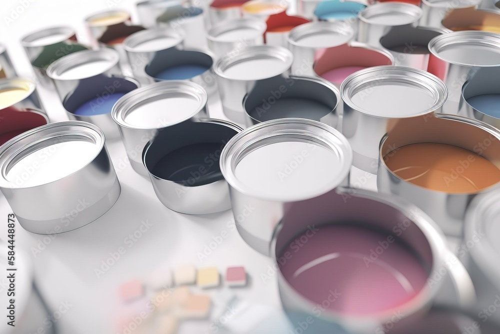  a group of paint cans with different colors of paint in them on a white surface with a reflection o