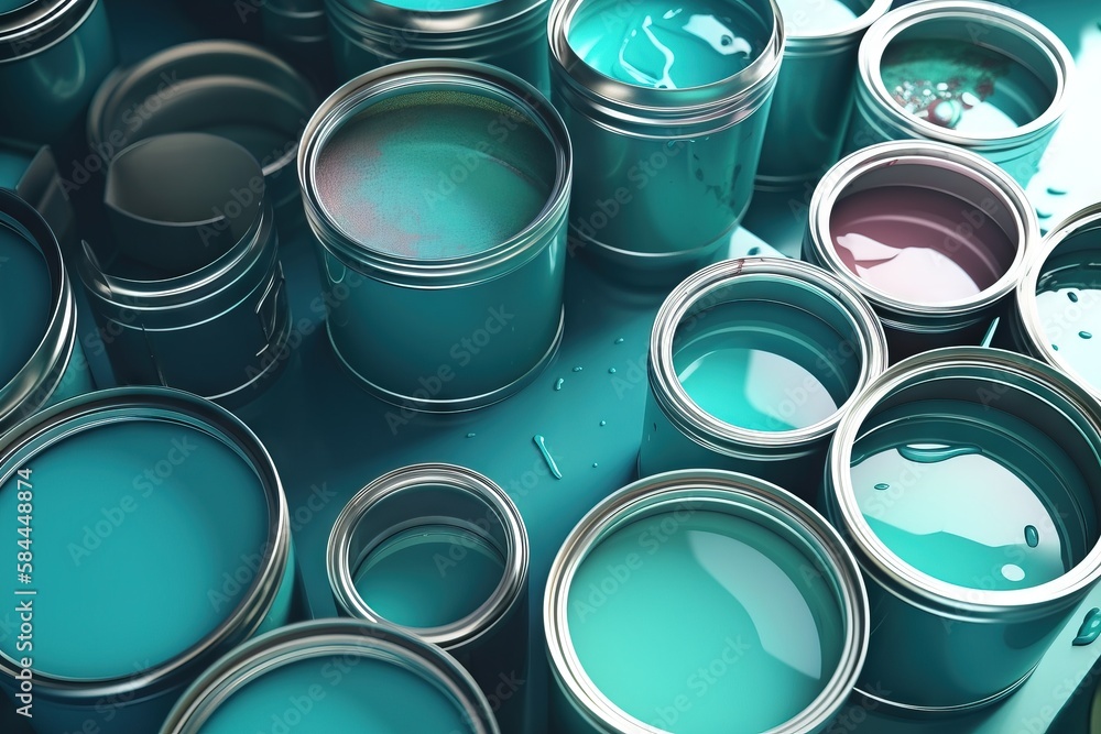  a group of paint cans with different colors of paint in them and one of the cans is blue and the ot