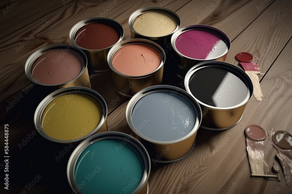  a group of paint cans sitting on top of a wooden floor next to a pair of scissors and a pair of sci