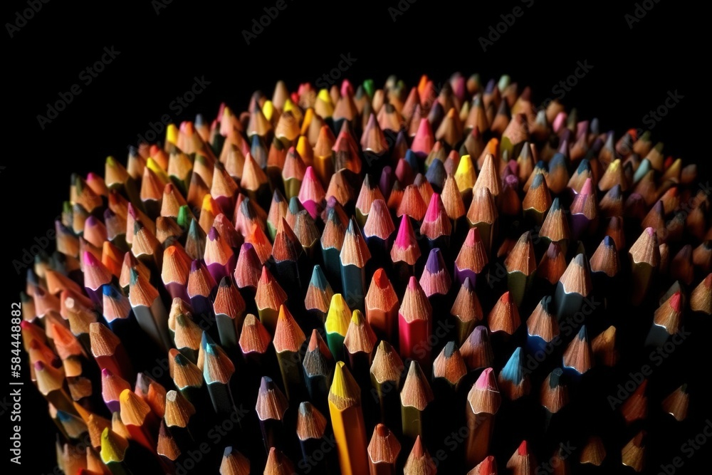  a large group of colored pencils are arranged in a circular pattern on a black background, with a b