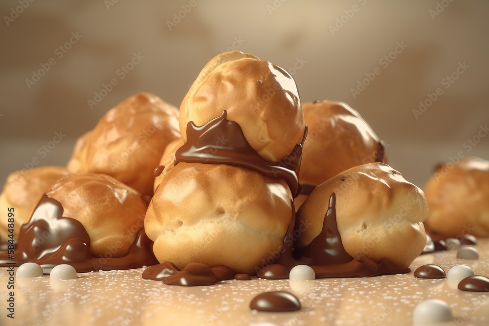  a pile of chocolate covered donuts sitting on top of a table next to white and brown candies on the