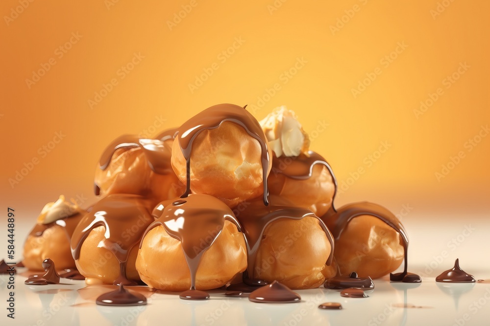  a pile of chocolate covered donuts sitting on top of a white counter top next to a yellow wall with