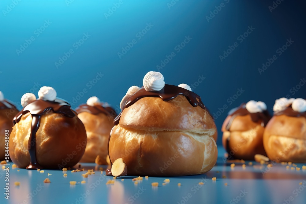  a group of breads with marshmallows on top of them on a blue surface with gold flakes on the floor 