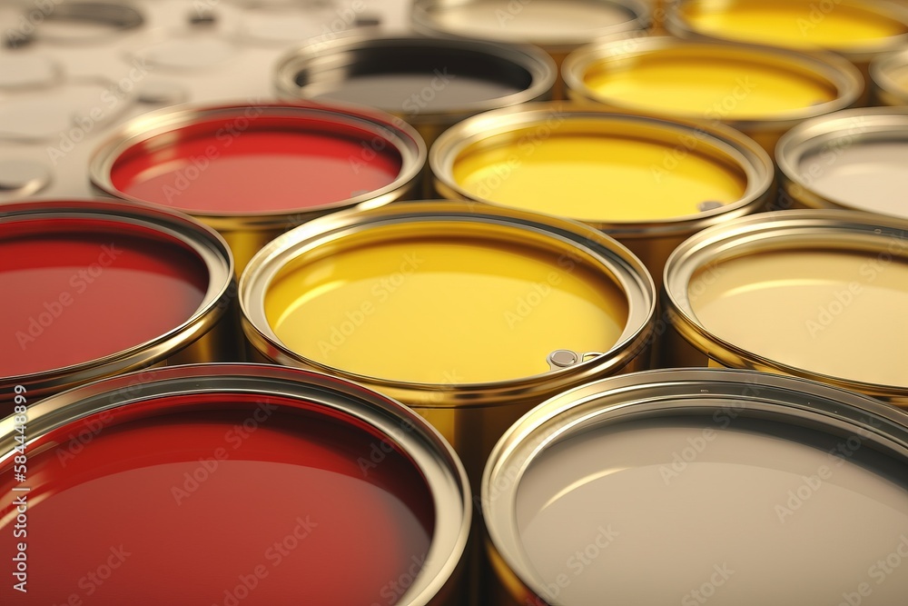  a group of paint cans filled with yellow and red paint sitting on top of each other on top of a cou