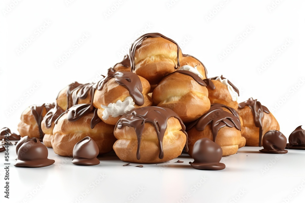  a pile of chocolate covered donuts sitting on top of a white table next to a pile of chocolate cove