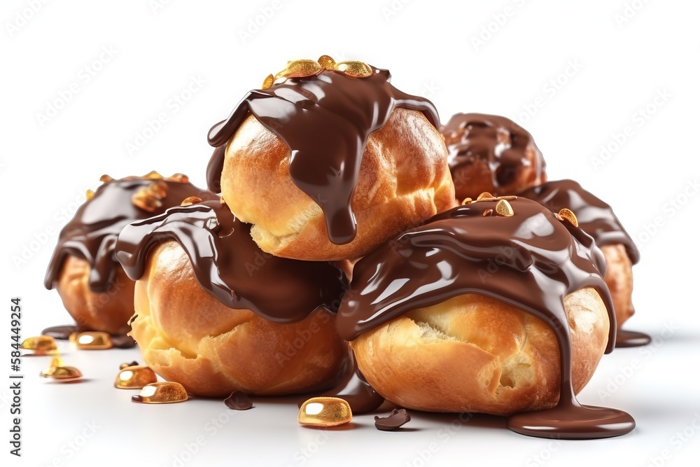  a pile of chocolate covered donuts sitting on top of a white table top next to a pile of gold nugge