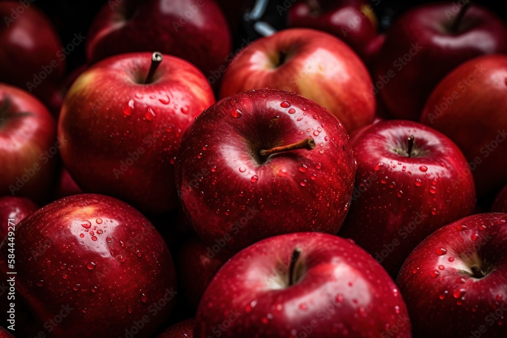  a pile of red apples with water droplets on them and a black background with a red apple in the mid