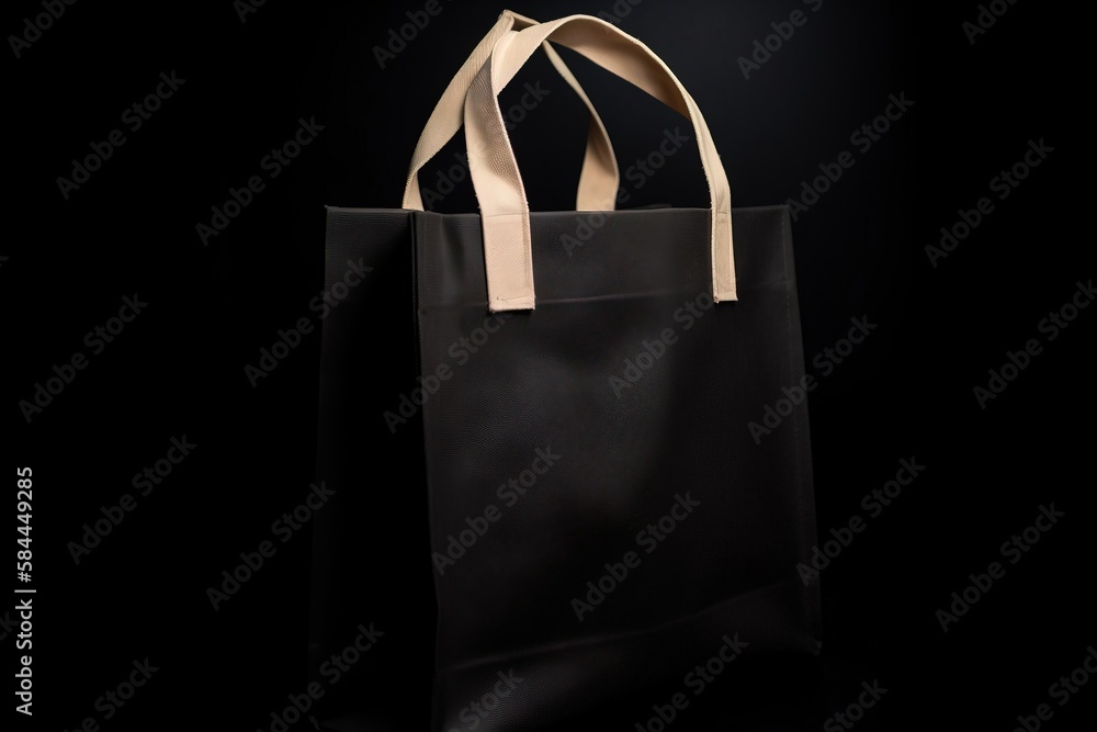  a black bag with a tan handle on a black background with a white stripe on the bottom of the bag an