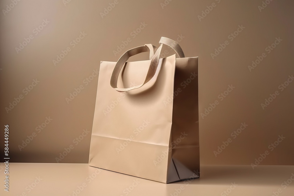  a brown paper bag sitting on top of a table next to a brown wall with a white handle and a black st