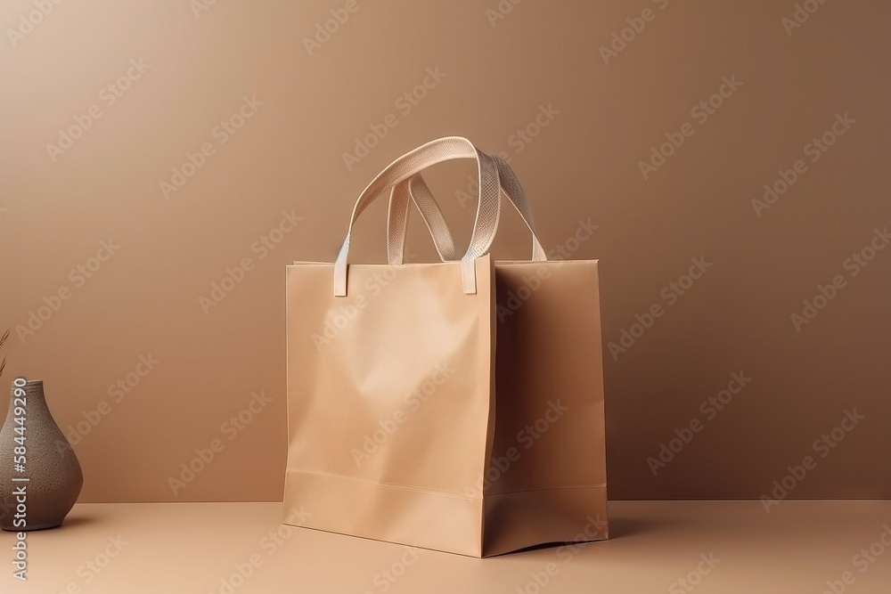  a brown bag sitting on top of a table next to a vase and a vase with a plant in it on a table top o