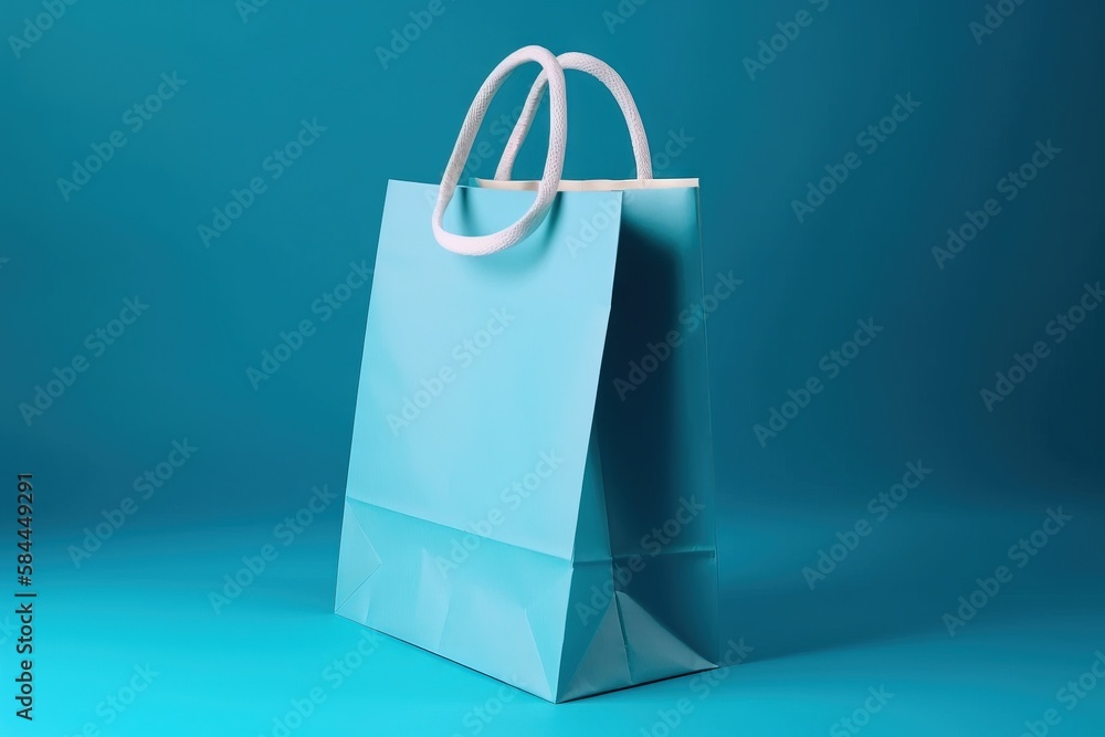  a blue shopping bag with a handle on a blue background with a shadow of the bag on the floor and th