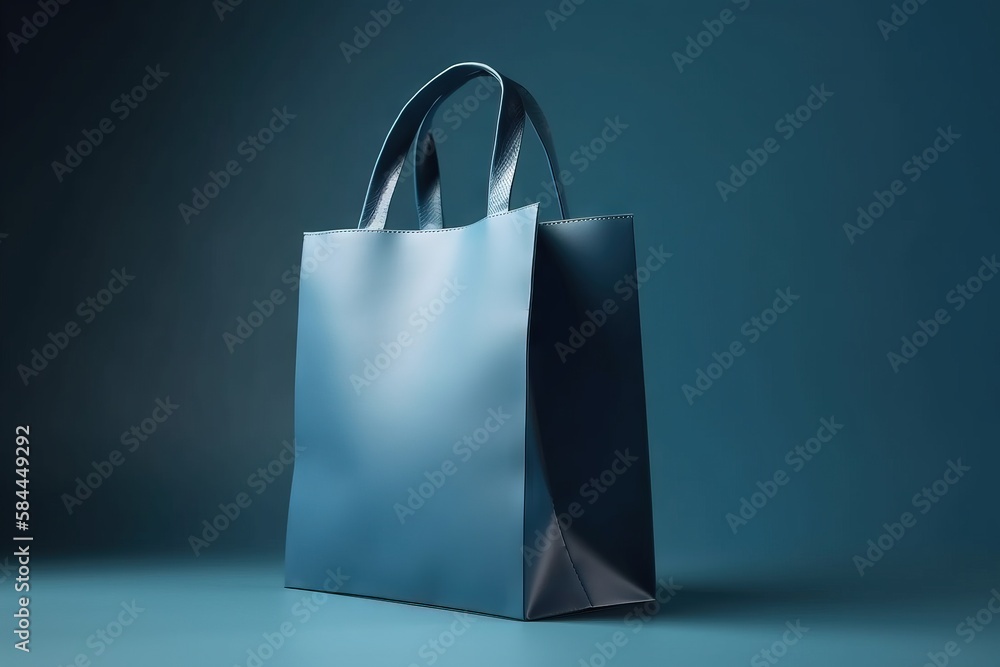  a blue shopping bag on a blue background with a reflection of light on the bottom of the bag and th