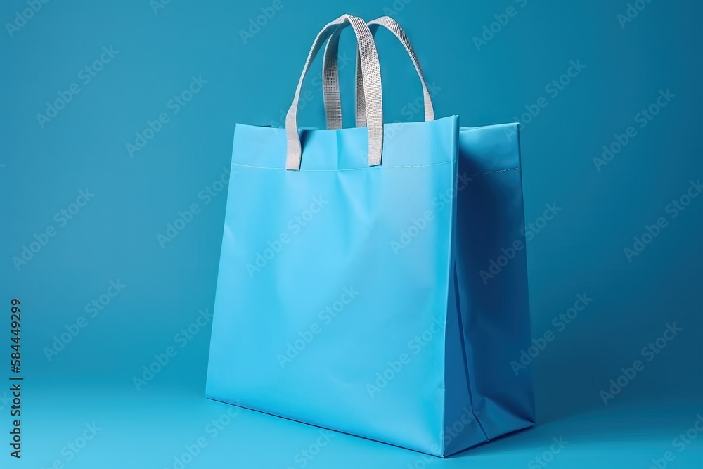  a blue shopping bag on a blue background with a silver stripe on the handle and bottom of the bag i