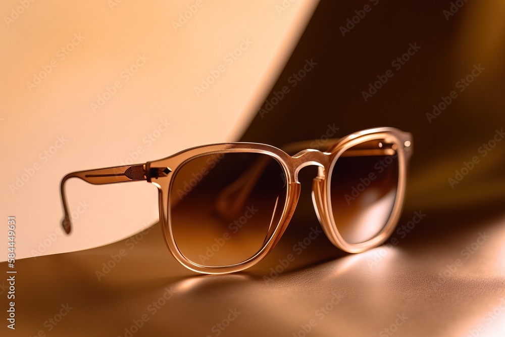  a pair of sunglasses sitting on top of a brown table next to a brown bag and a white wall in the ba