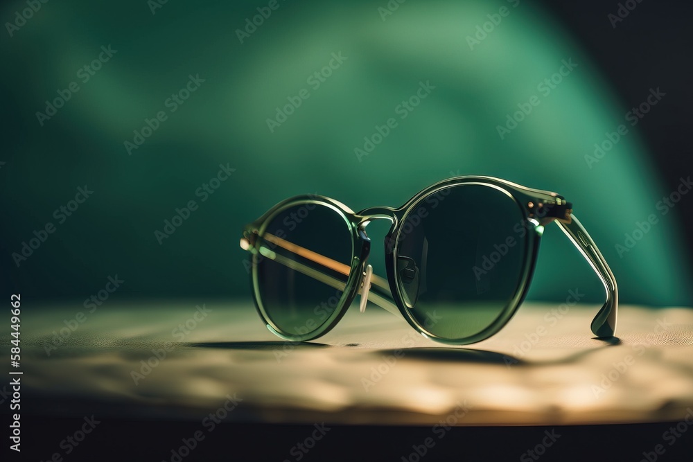  a pair of sunglasses sitting on top of a wooden table next to a green chair with a green cushion on