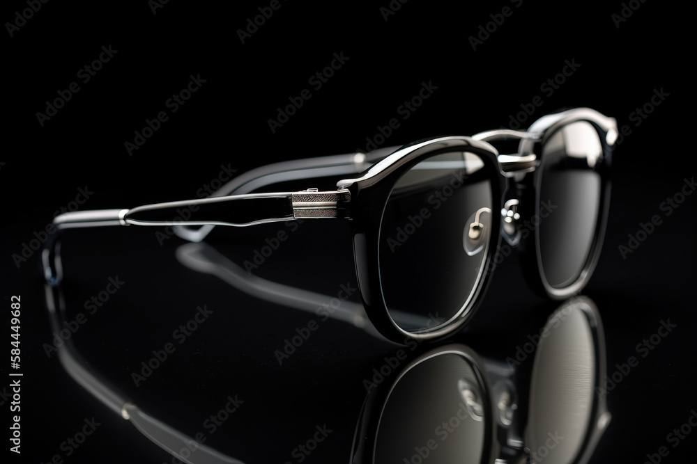  a pair of sunglasses with a black background and a reflection of the sunglasses on the ground in fr