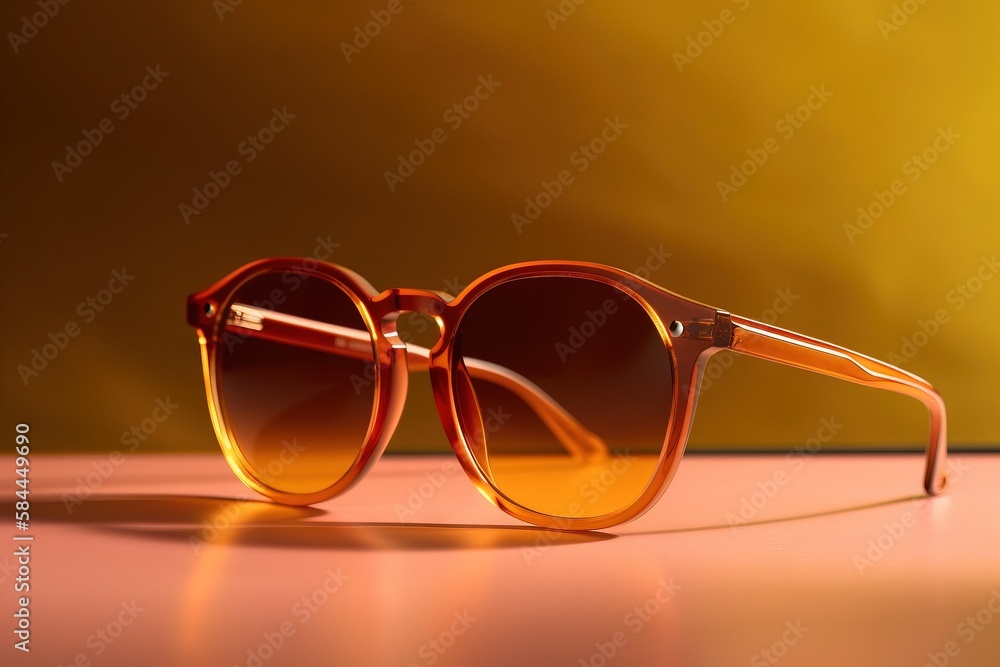  a pair of sunglasses sitting on top of a pink table next to a yellow wall and a yellow wall behind 