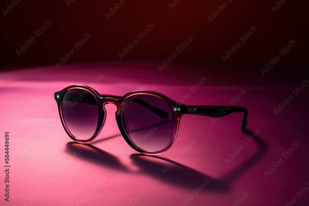  a pair of sunglasses sitting on a pink surface with a red light in the back ground behind it and a 