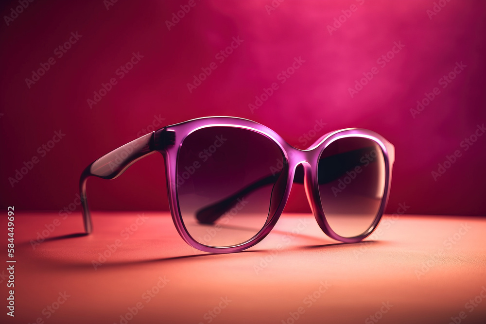  a pair of sunglasses sitting on top of a pink table next to a red wall and a red light behind it an