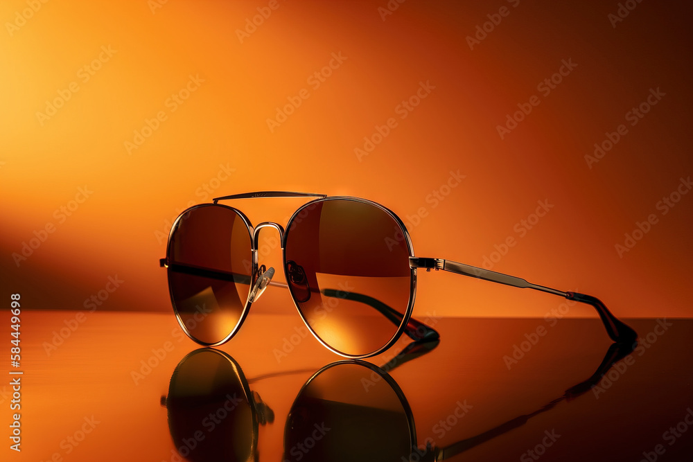  a pair of sunglasses sitting on top of a reflective surface in front of an orange background with a