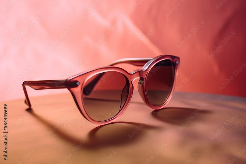  a pair of pink sunglasses sitting on top of a wooden table next to a pink wall and a pink wall behi