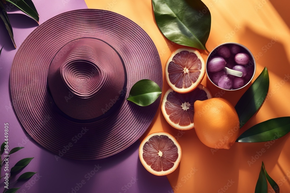  a purple hat, oranges, and other fruit on a purple and orange background with leaves and a purple h