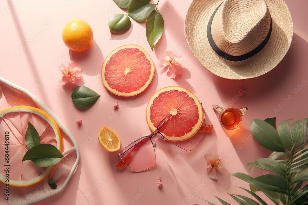  a hat, sunglasses, grapefruit, and a pair of sunglasses on a pink surface with leaves and flowers a