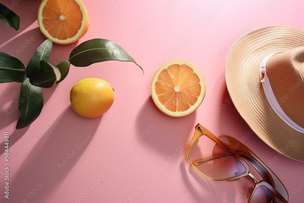  a hat, glasses, oranges, and a hat on a pink surface with a green leaf and a pair of oranges on the