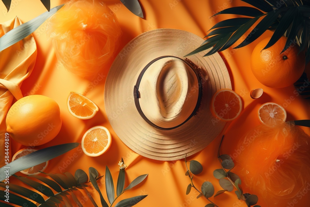  a hat and oranges on a table with leaves and oranges around it on a yellow background with leaves a