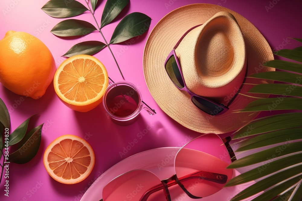  a hat, sunglasses, and oranges on a pink surface with a palm leaf and a pink plate with a pink rim 