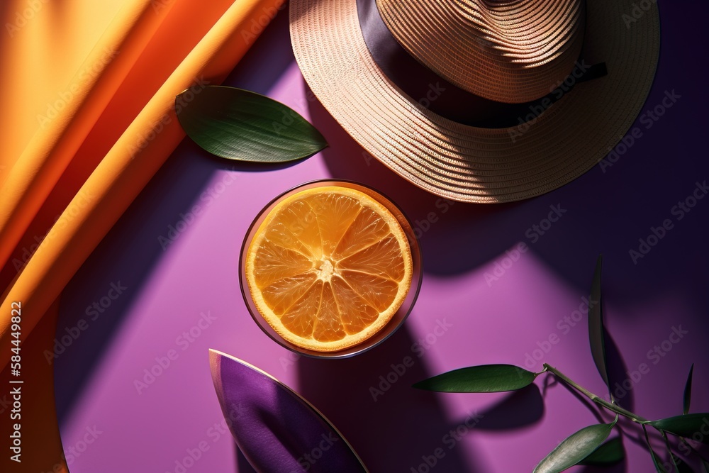  an orange cut in half next to a hat on a purple surface with leaves and a purple cloth on the side 