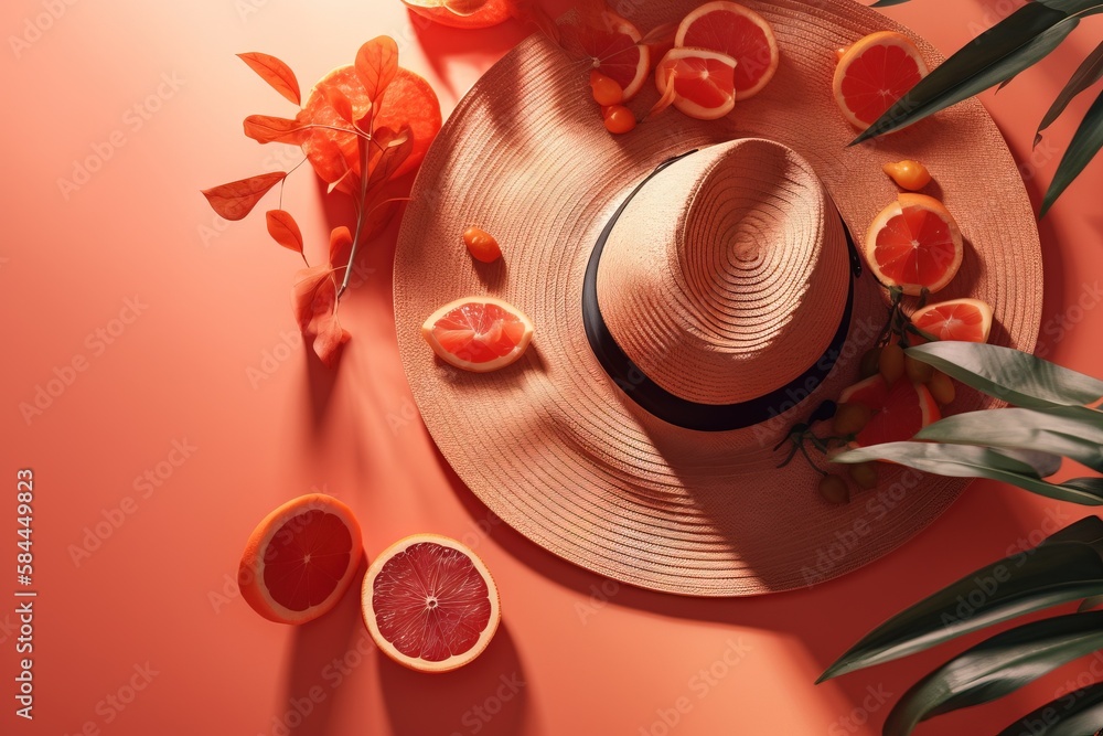  a straw hat and grapefruits on a pink surface with leaves and oranges on the floor and a pink backg