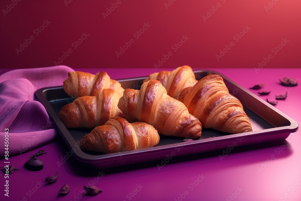  a tray of croissants sitting on a purple tablecloth next to a purple cloth and a pink wall with a p