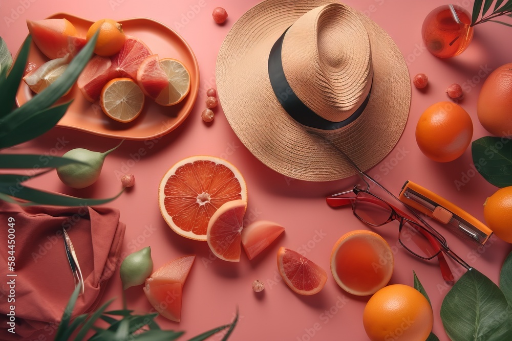  a hat, glasses, grapefruit, and other fruit on a pink surface with a palm leaf and a pair of readin