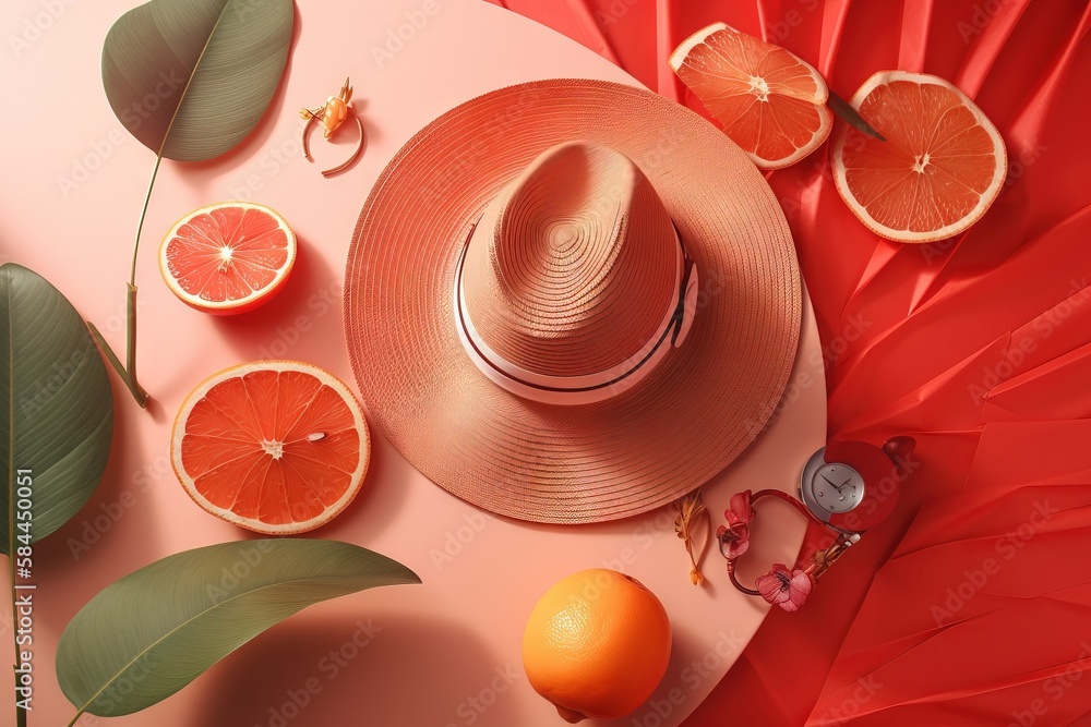  a pink hat, oranges, and leaves on a pink surface with a pink background and a pink background with