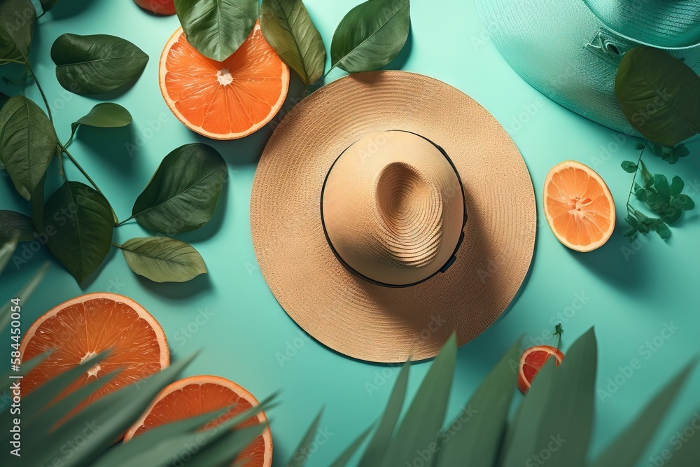  a straw hat surrounded by oranges and leaves on a blue surface with a green pot and a blue vase in 