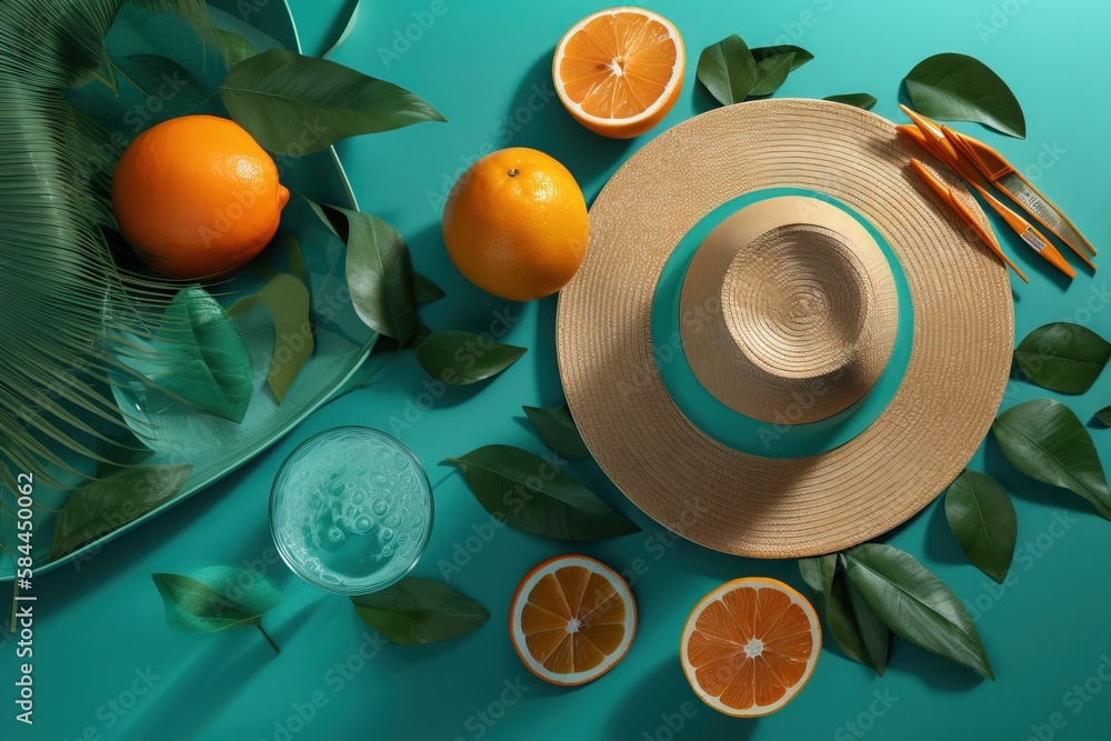  a straw hat, oranges, and leaves on a blue background with a green leafy background and a blue back