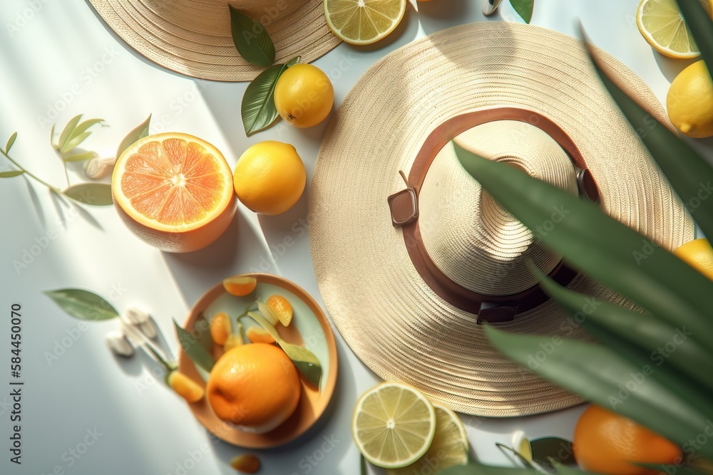  a straw hat with oranges, lemons and leaves on a blue tablecloth with a palm leaf and a plate of or