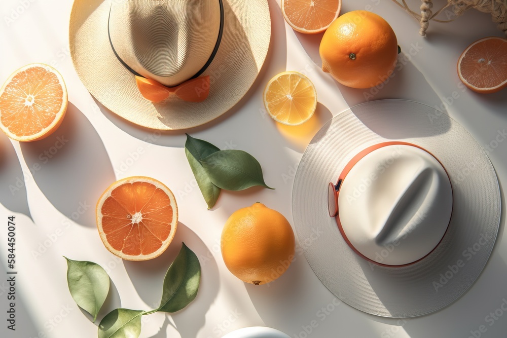  a hat, oranges, and other fruit on a white table top with a white hat on top of the hat and oranges