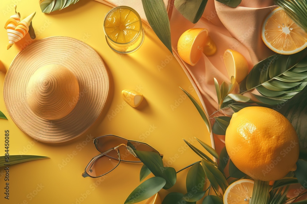  a hat, glasses, lemons, and leaves on a yellow background with a honey comb on the corner of the ha