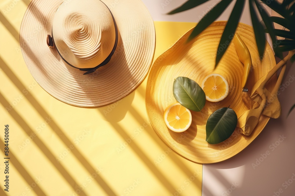  a yellow plate with lemon slices and a straw hat on it next to a yellow wall and a palm leaf on the