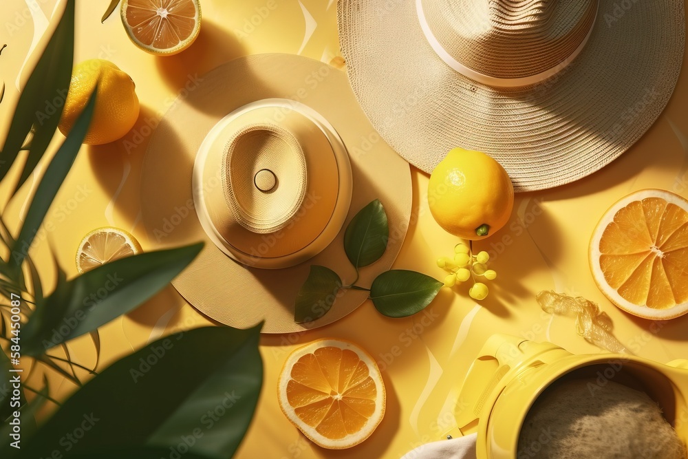  a table topped with oranges and a teapot on top of a yellow tablecloth covered in leaves and a hat 