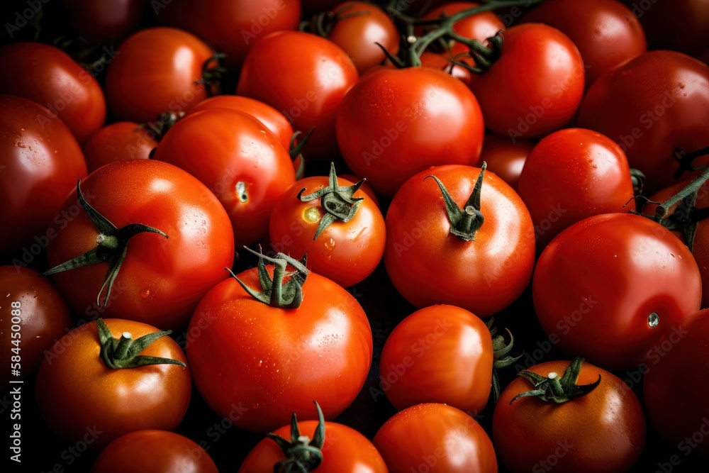  a bunch of tomatoes that are laying on the ground with some green stems on them and one of the toma