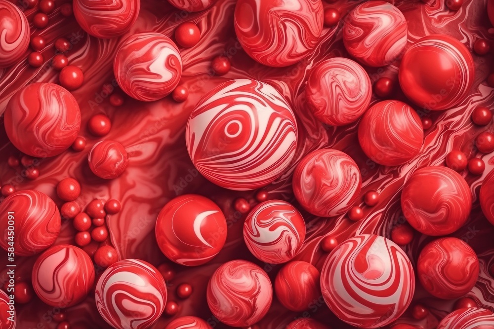  a lot of red and white candy balls with swirls and swirls on them, all in the same color as the can