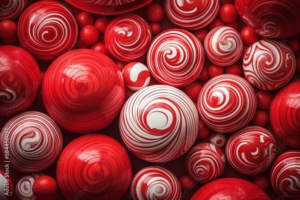  a pile of red and white candies with swirls on top of them, as if they were candy canes or lollipop