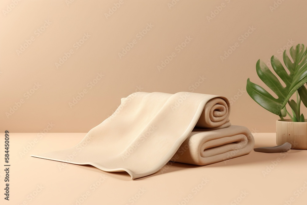  a potted plant next to two folded towels and a folded towel on a table next to a folded towel on a 