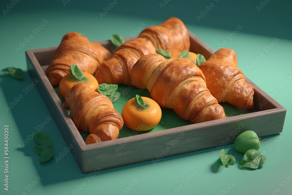  a tray of croissants and oranges on a green surface with leaves and leaves on the side of the tray,